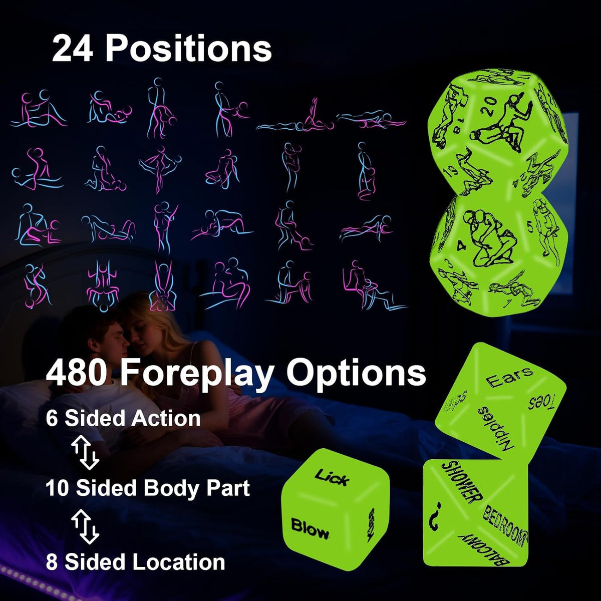 Sex Dice Games, Date Night Dice Toys for Couple, Acrylic Dice for Romantic Ideas（Glow in the Dark Dice 5PCS