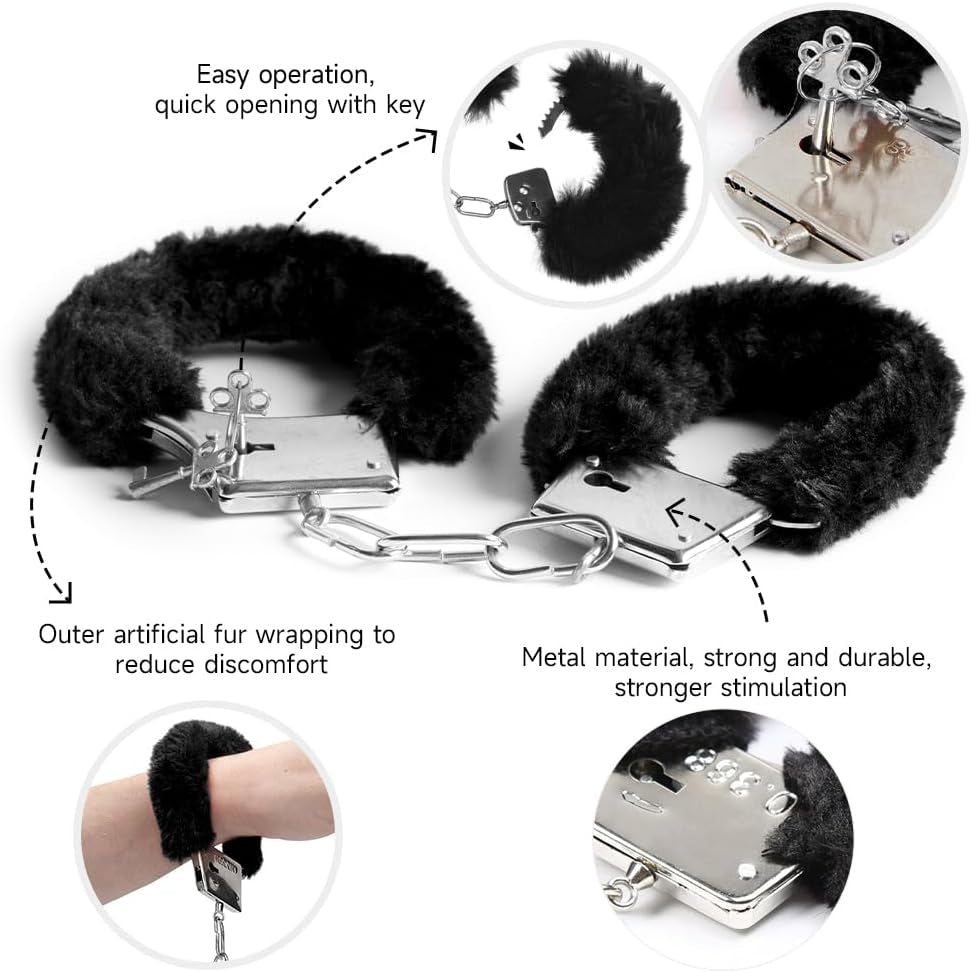 Furry Adjustable Sex Handcuffs with Keys,Ankle Bracelets,Sm Adult Plush Stainless Steel Bondage Fetish Handcuffs,Adult Sex Toys