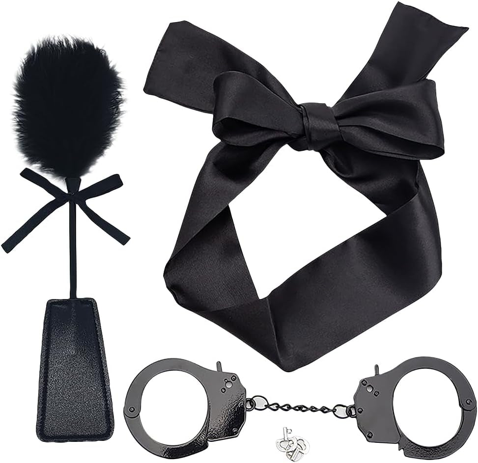 3 Pcs Faux Feather Tickler PU Leather Sex Paddle Satin Sexy Eye Mask Toy Handcuffs with Keys Spanking Sex Blindfold Whip Horse Riding Crop Bedroom Role Play Toys