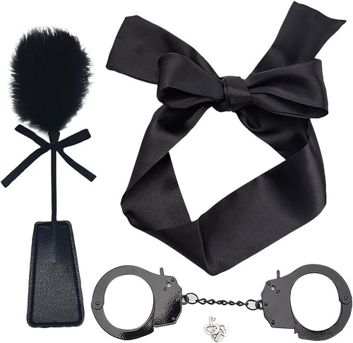 3 Pcs Faux Feather Tickler PU Leather Sex Paddle Satin Sexy Eye Mask Toy Handcuffs with Keys Spanking Sex Blindfold Whip Horse Riding Crop Bedroom Role Play Toys