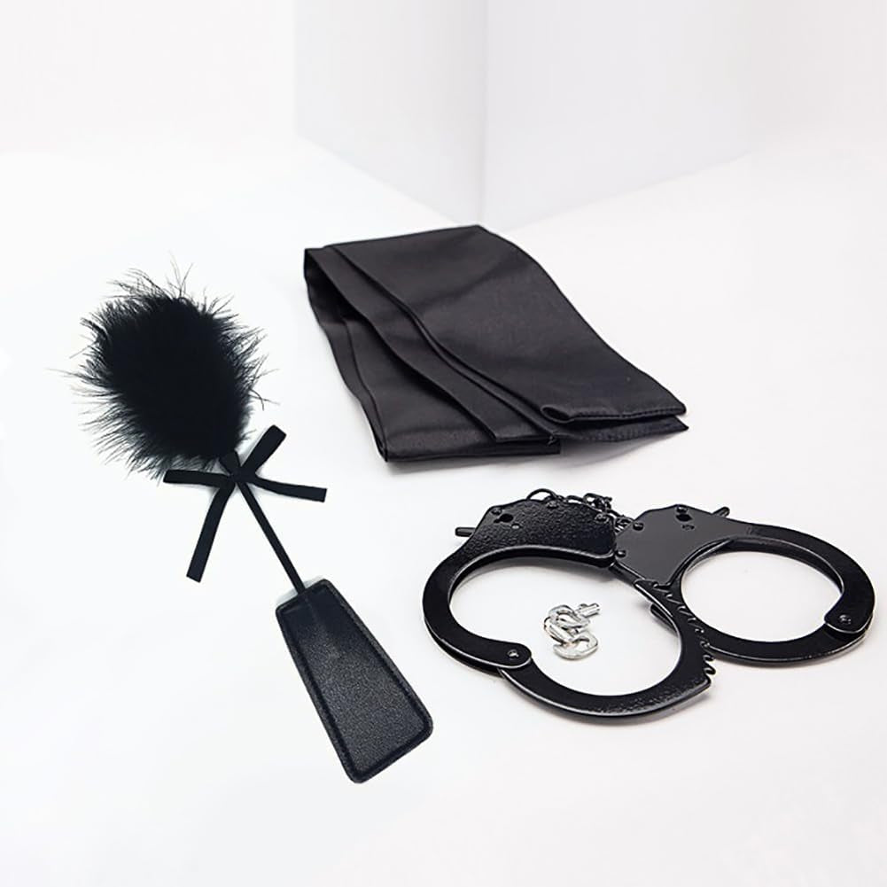 3 Pcs Faux Feather Tickler PU Leather Sex Paddle Satin Sexy Eye Mask Toy Handcuffs with Keys Spanking Sex Blindfold Whip Horse Riding Crop Bedroom Role Play Toys