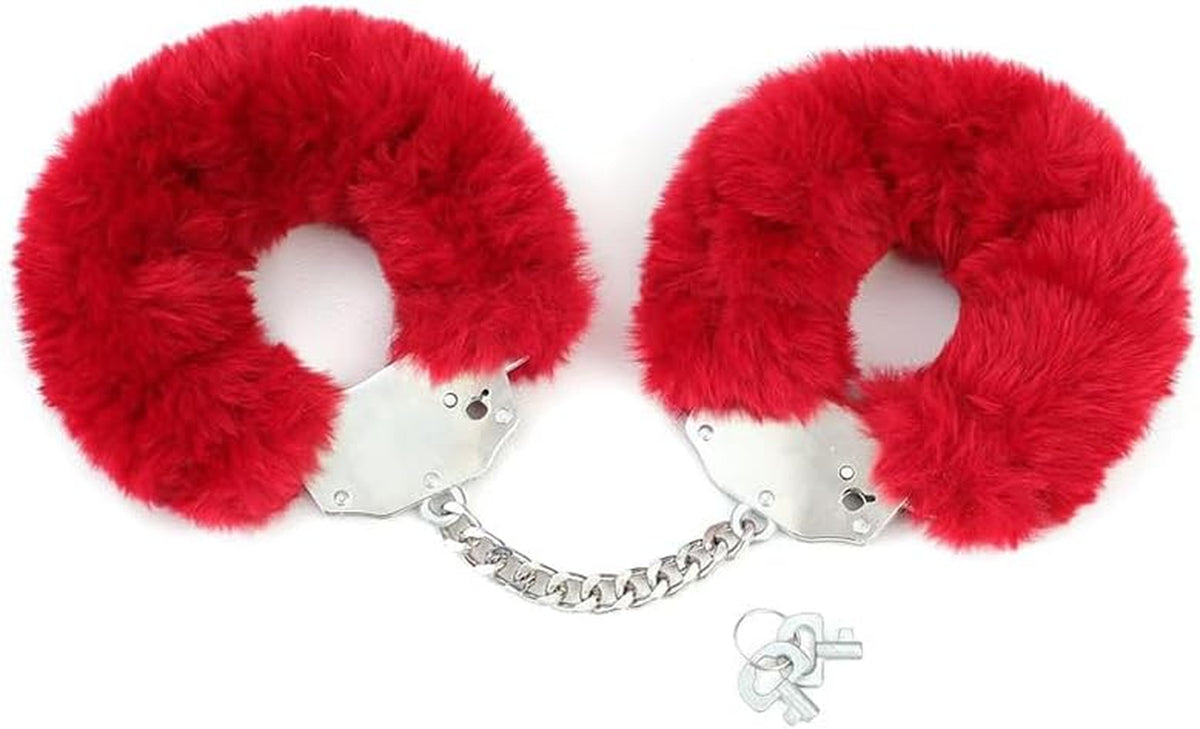 Thickened Fluffy Plush Handcuffs with Keys Fuzzy Sweater Sex Hand Cuff Set for Men Women Adjustable Ankle Bracelets Bondage Gear & Accessories Cosplay Party Costume Prop BDSM Toys (Red)